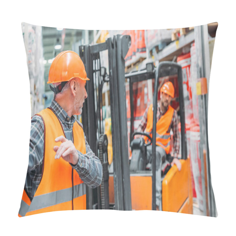 Personality  Male Worker And His Colleague Working With Forklift Machine In Storehouse Pillow Covers