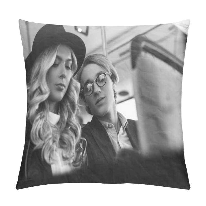 Personality  Young Couple In Public Transport Pillow Covers