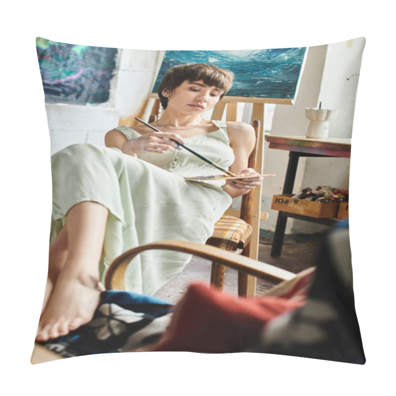 Personality  A Woman Exudes Grace And Poise While Sitting In A Chair In A Room. Pillow Covers