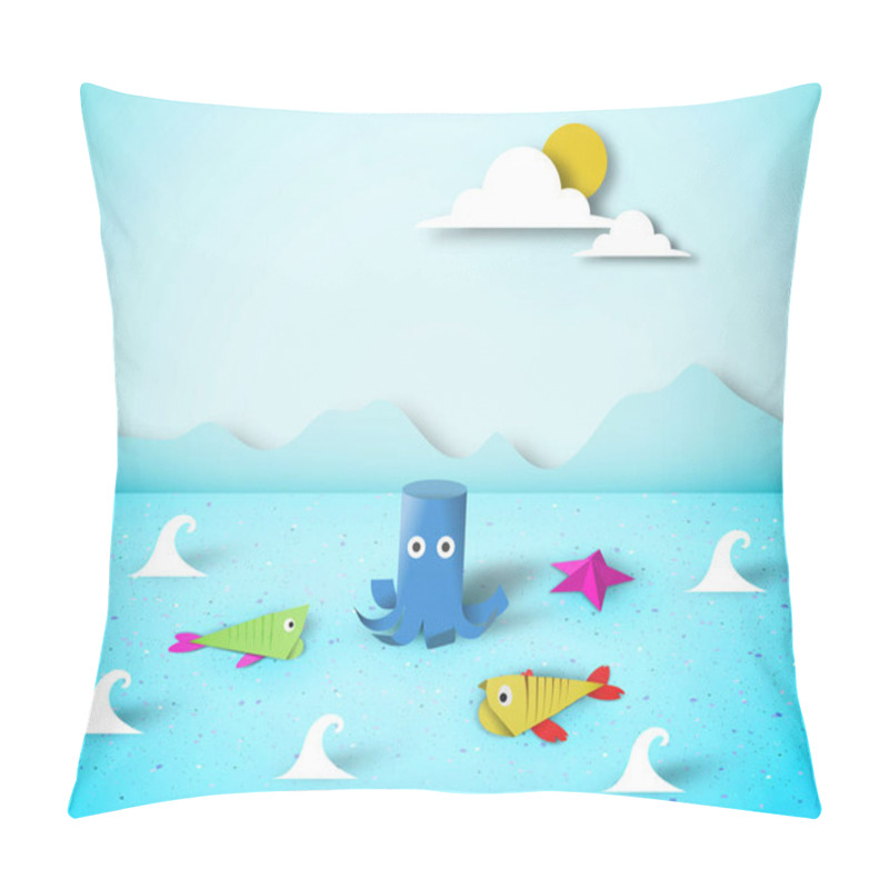 Personality  Paper Origami Fish, Octopus, Childish Creative Elements, Artistic Summer Composition, Unusual Made Template With Style Symbols For Banner, Card, Poster, Cut Seascape World, Eps10 Vector Illustration - Vector Pillow Covers