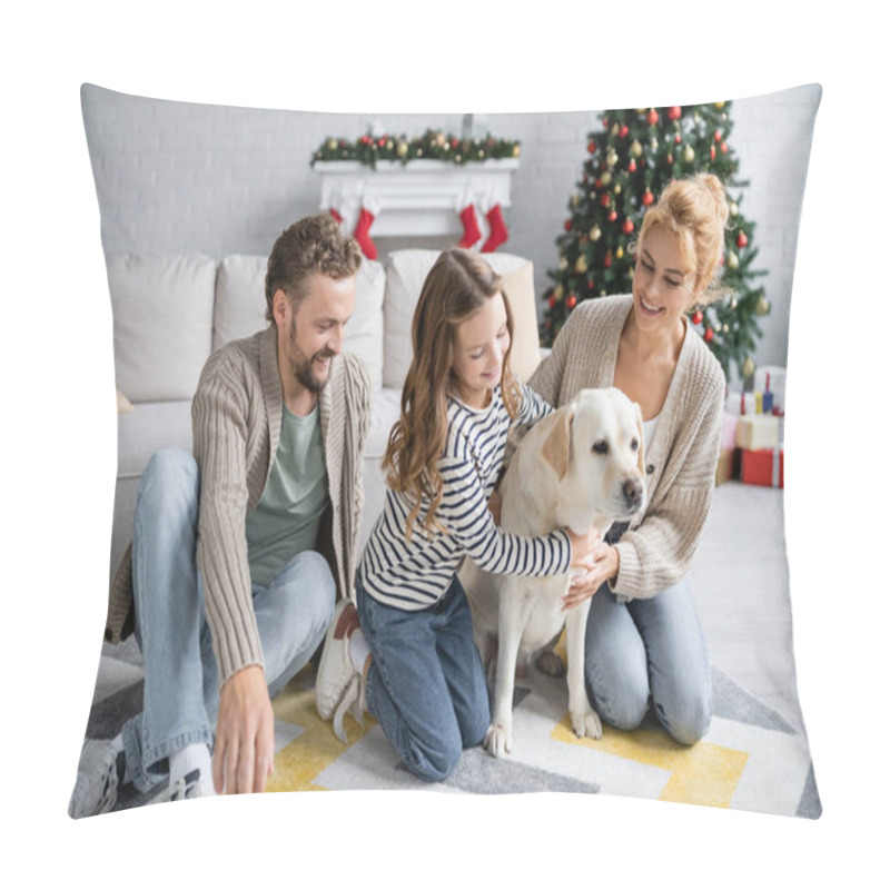 Personality  Man Looking At Wife And Daughter Petting Labrador During New Year At Home  Pillow Covers