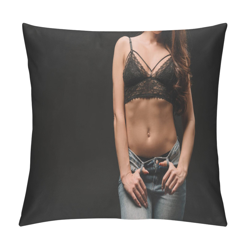 Personality  Cropped View Of Sexy Girl Posing In Lace Bra Isolated On Black Pillow Covers