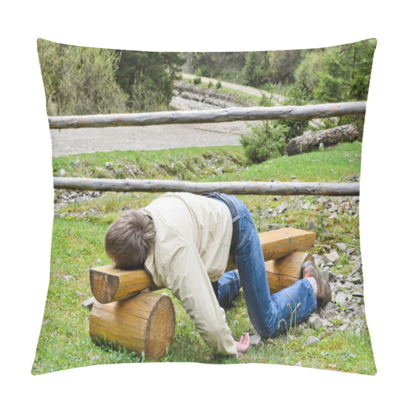 Personality  Young Blond Man Deeply Sleeping On A Bench Outdoor Pillow Covers