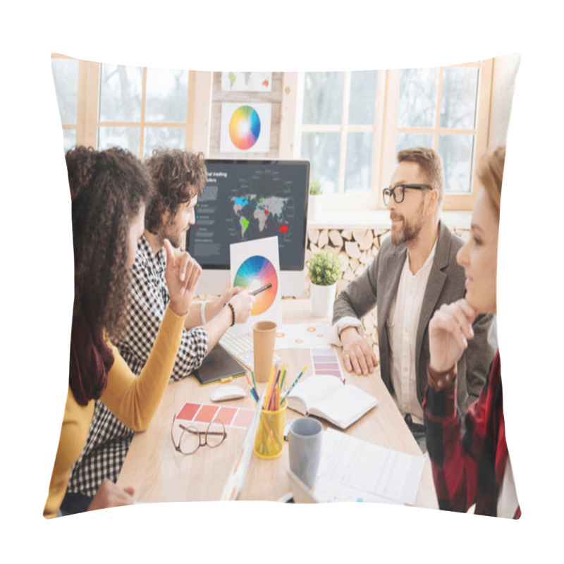 Personality  Determined Workers Discussing Work In The Office Pillow Covers