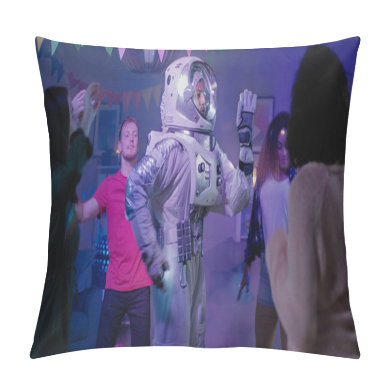 Personality  At The College House Costume Party: Fun Guy Wearing Space Suit Dances Off, Doing Robot Dance Modern Moves. With Him Beautiful Girls And Boys Dancing In Neon Lights. Pillow Covers