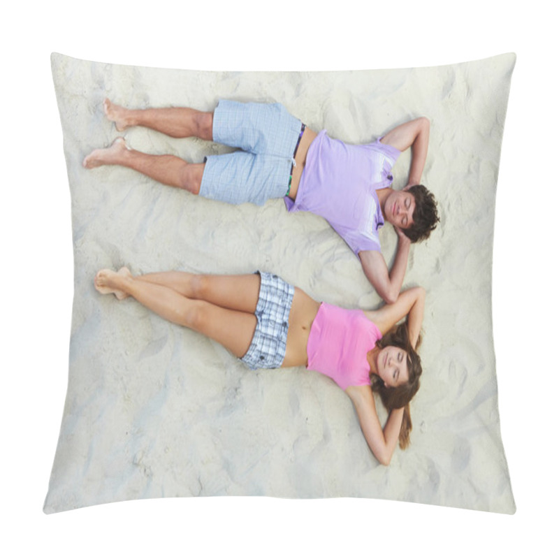 Personality  Teenage Couple Lying On Sandy Beach Pillow Covers