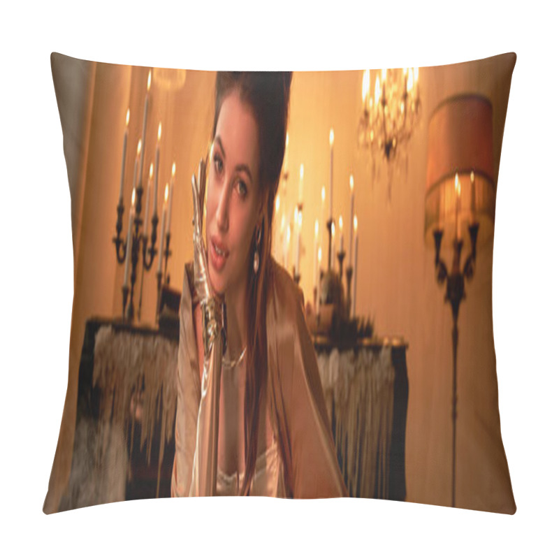 Personality  A Young Woman Exudes An Aura Of Magic, Capturing The Essence Of A Vampire Amidst Candlelight. Pillow Covers