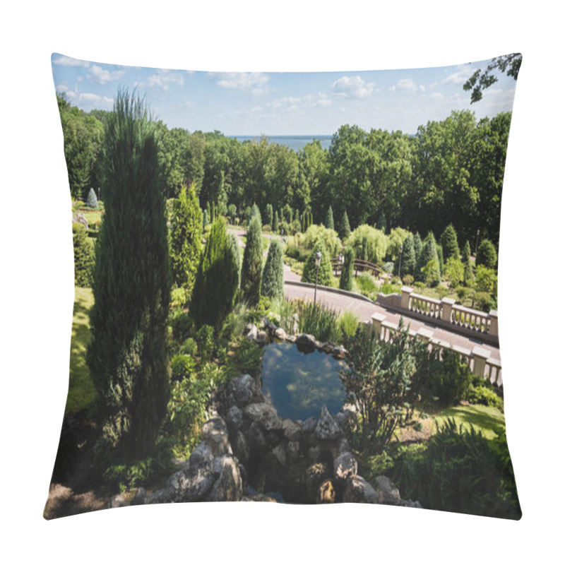 Personality  Green Plants And Trees Near Pond Against Blue Sky With Clouds  Pillow Covers