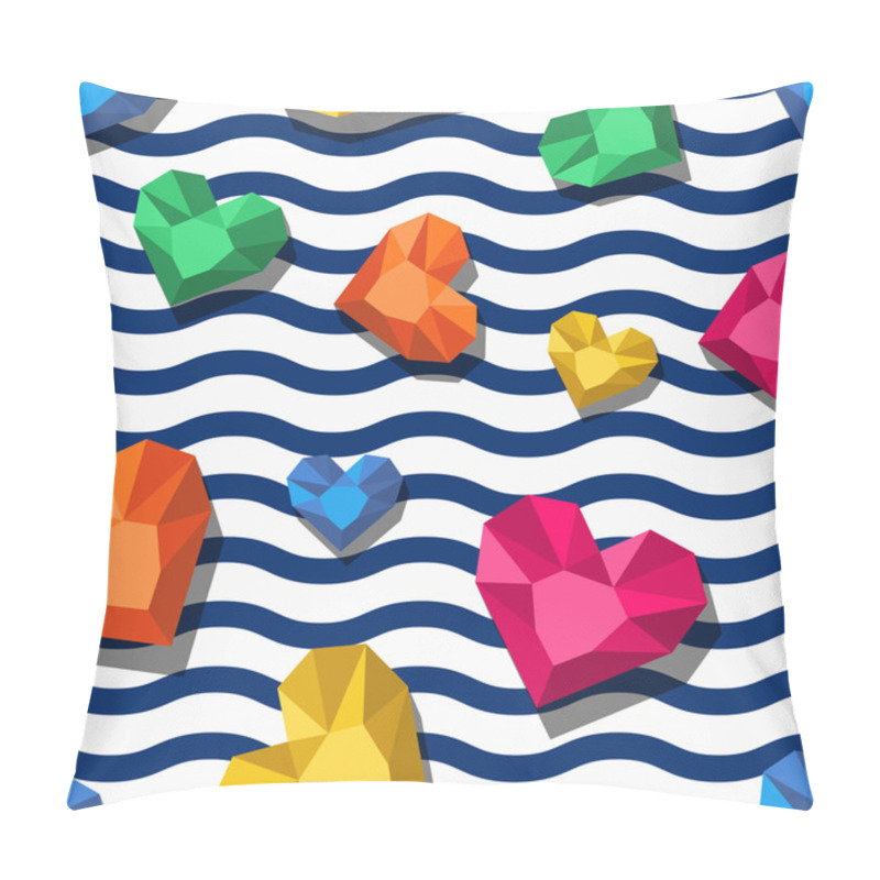 Personality  Vector Seamless Pattern With 3d Stylized  Jewel, Gems In Heart Shape And Wavy Stripes.  Pillow Covers