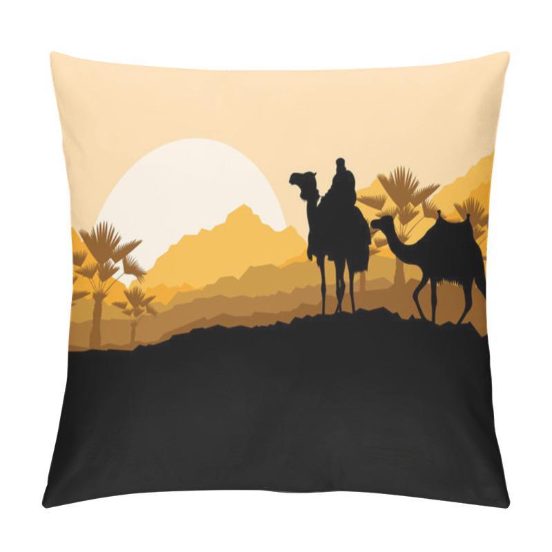 Personality  Camel Caravan In Wild Desert Mountain Nature Landscape Backgroun Pillow Covers