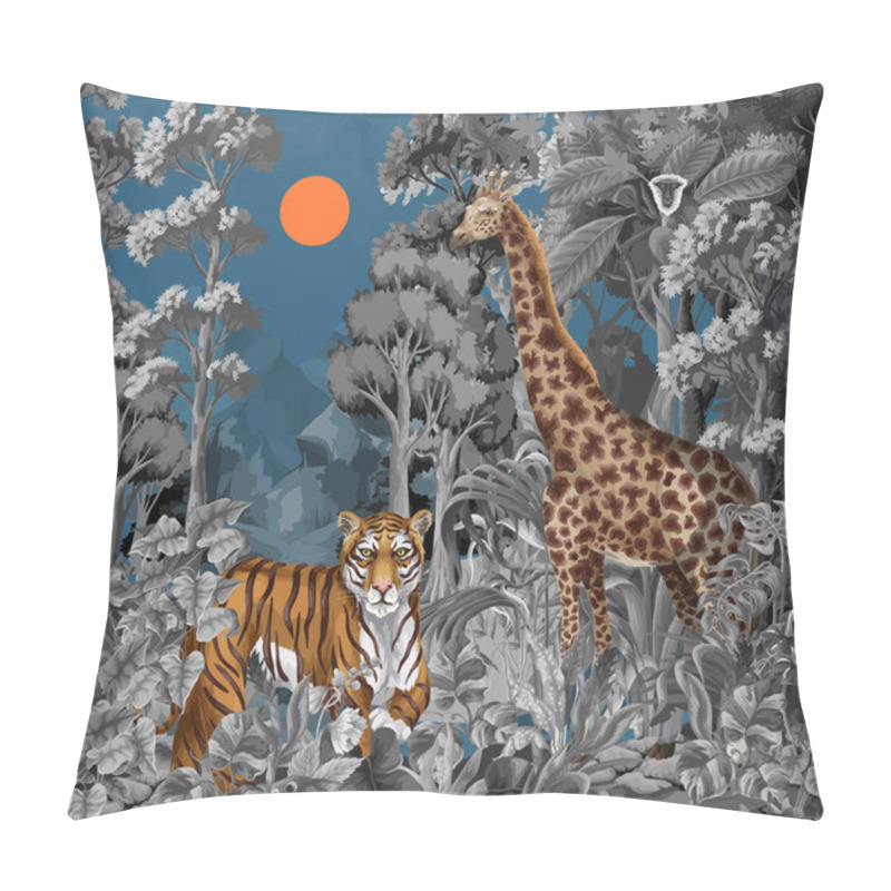 Personality  Monochrome Jungle Landscape With Wild Animals For Kids. Vector Pillow Covers