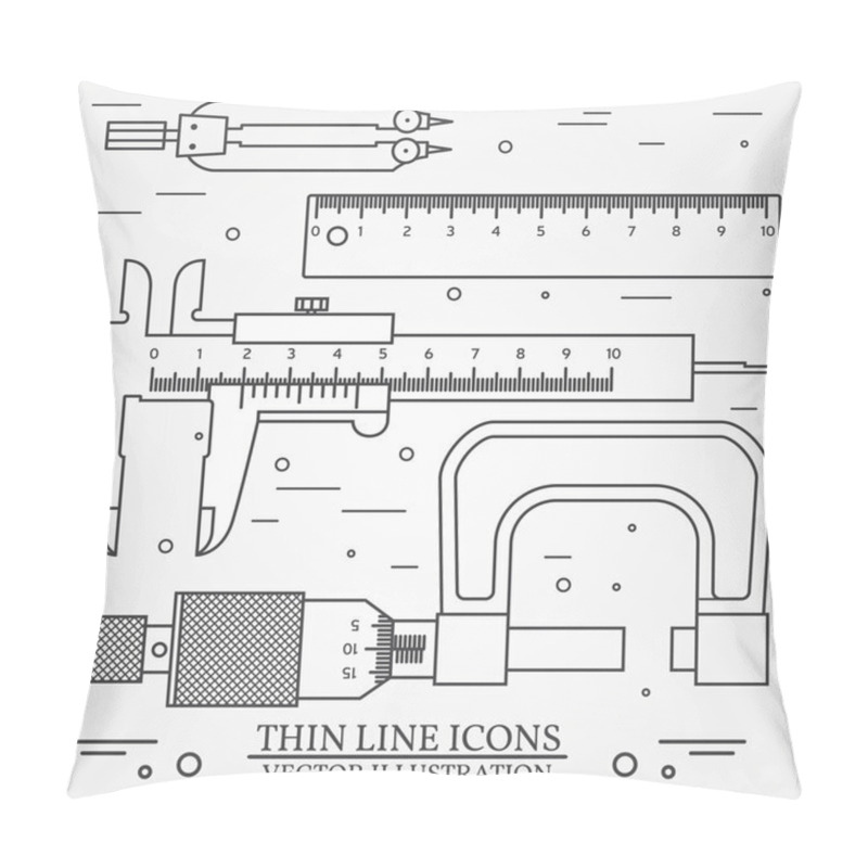 Personality  Set Vector Thin Line Icons Caliper, Ruler, Pair Of Compass  And  Pillow Covers