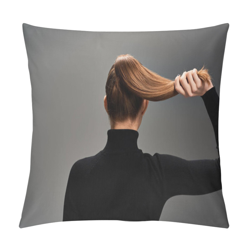 Personality  Back View Of Young Stylish Woman With Long Hair Elegantly Styled In A Ponytail, Exuding Grace And Confidence. Pillow Covers