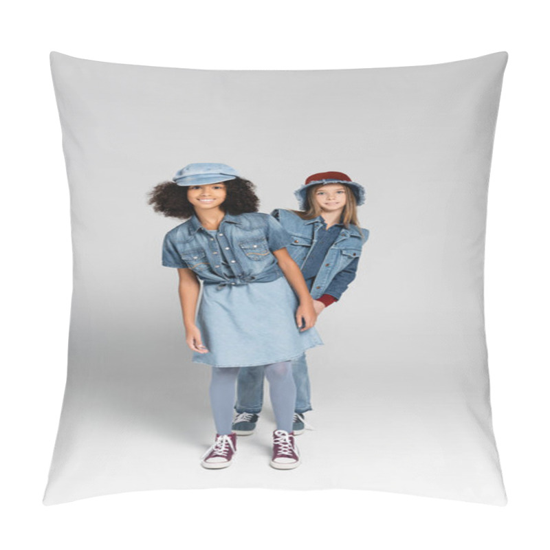 Personality  Full Length View Of Stylish Interracial Girls In Trendy Clothes And Gumshoes Posing On Grey Pillow Covers