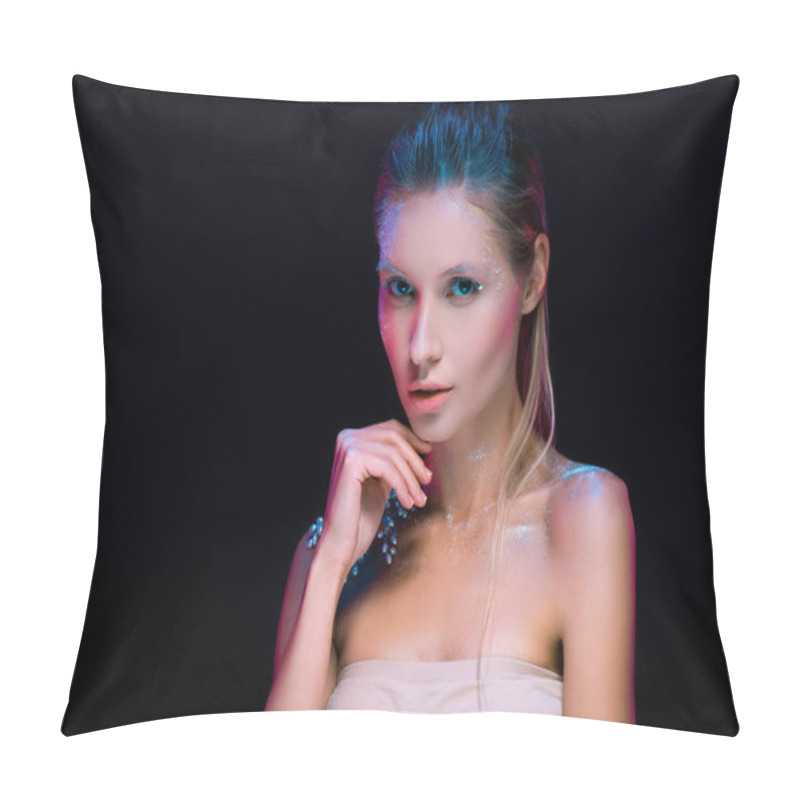 Personality  Attractive Young Woman With Winter Make Up Looking At Camera Isolated On Black Pillow Covers