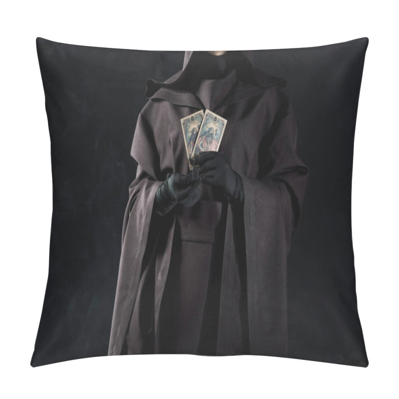 Personality  KYIV, UKRAINE - APRIL 18, 2019: Cropped View Of Woman In Death Costume Holding Tarot Cards Isolated On Black Pillow Covers