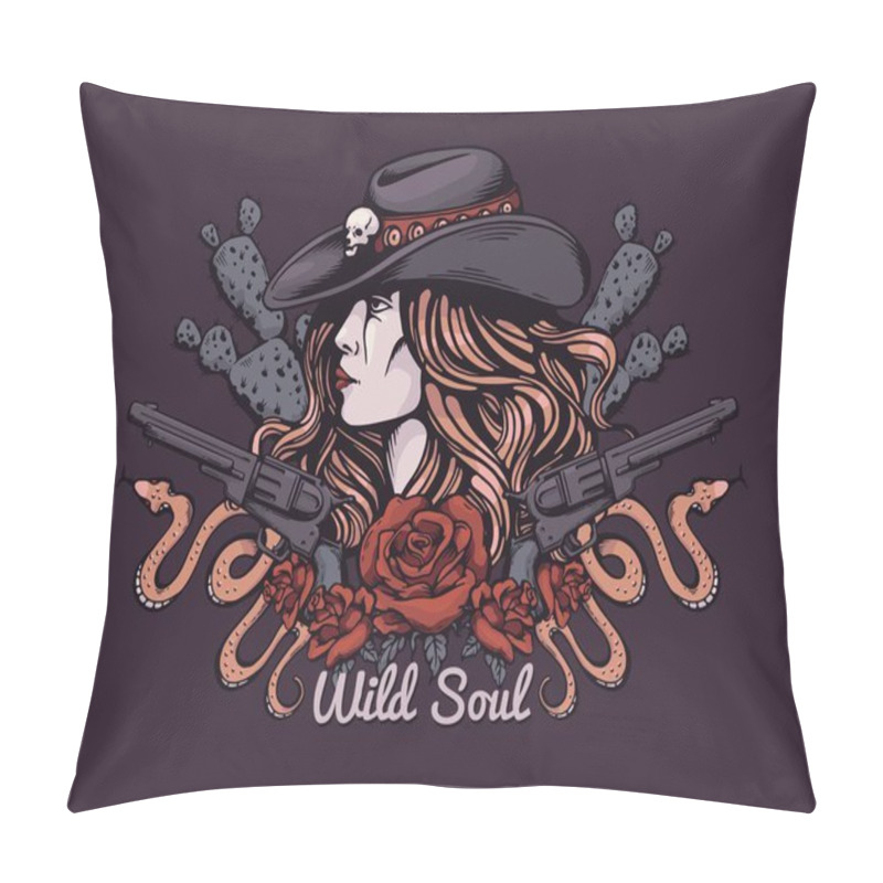 Personality  Wild Soul American Gothic Vector Poster Design. Wild West Style. Pretty Cowgirl In Hat Decorated Skull, Roses Flowers, Cactus, Revolvers And Snake. Vintage Western Grunge Background With Lettering Pillow Covers