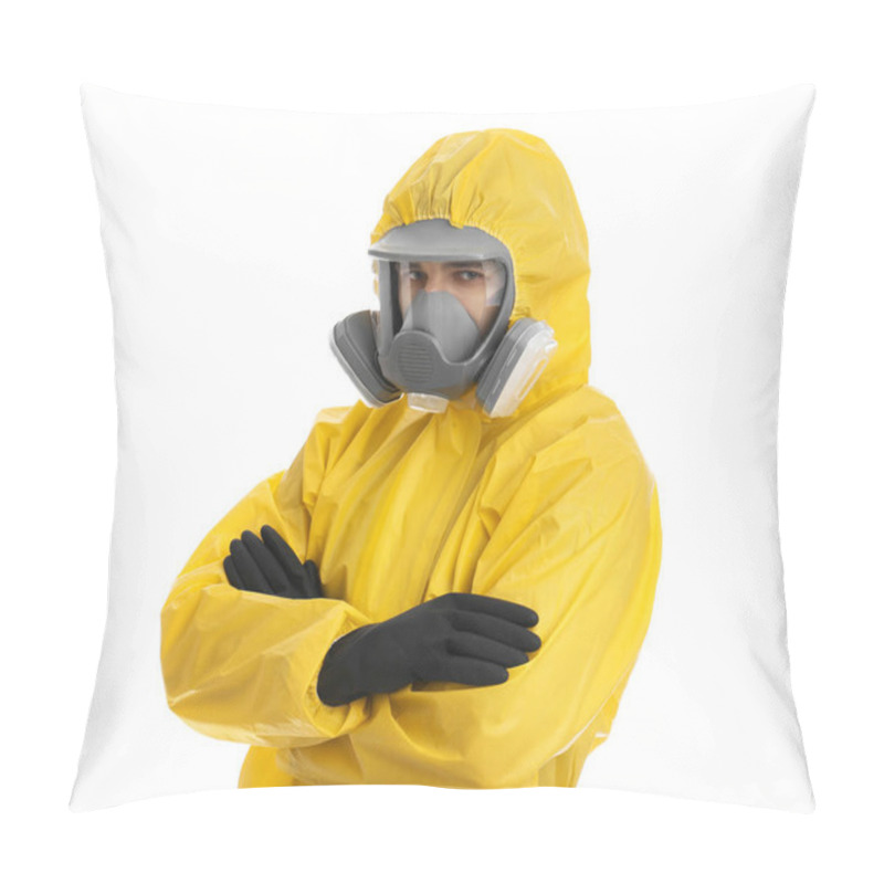 Personality  Man Wearing Chemical Protective Suit On White Background. Prevention Of Virus Spread Pillow Covers