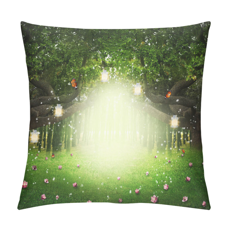 Personality  Fantasy World. Enchanted Forest With Magic Lights, Beautiful Butterflies And Way Between Trees Pillow Covers