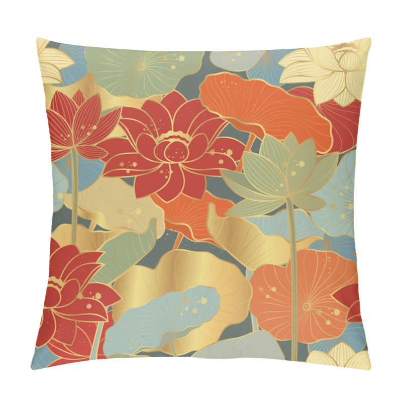 Personality   Seamless Vector Pattern With Golden Lotus Leaves And Flowers. Line Art Style. Pillow Covers