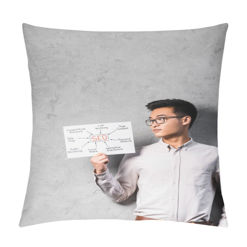 Personality  Asian Seo Manager Holding And Looking At Paper With Concept Words Of Seo  Pillow Covers