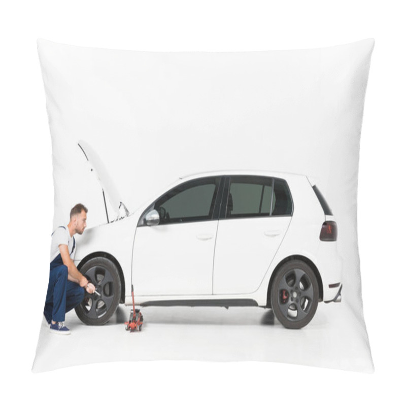 Personality  Side View Of Auto Mechanic Changing Car Tire On White Pillow Covers