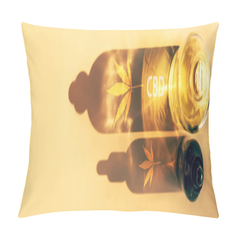 Personality  Trendy Sunlight And Shadows From CBD Oil Bottles On Light Background Creative Composition, Minimalism Concept Banner Pillow Covers