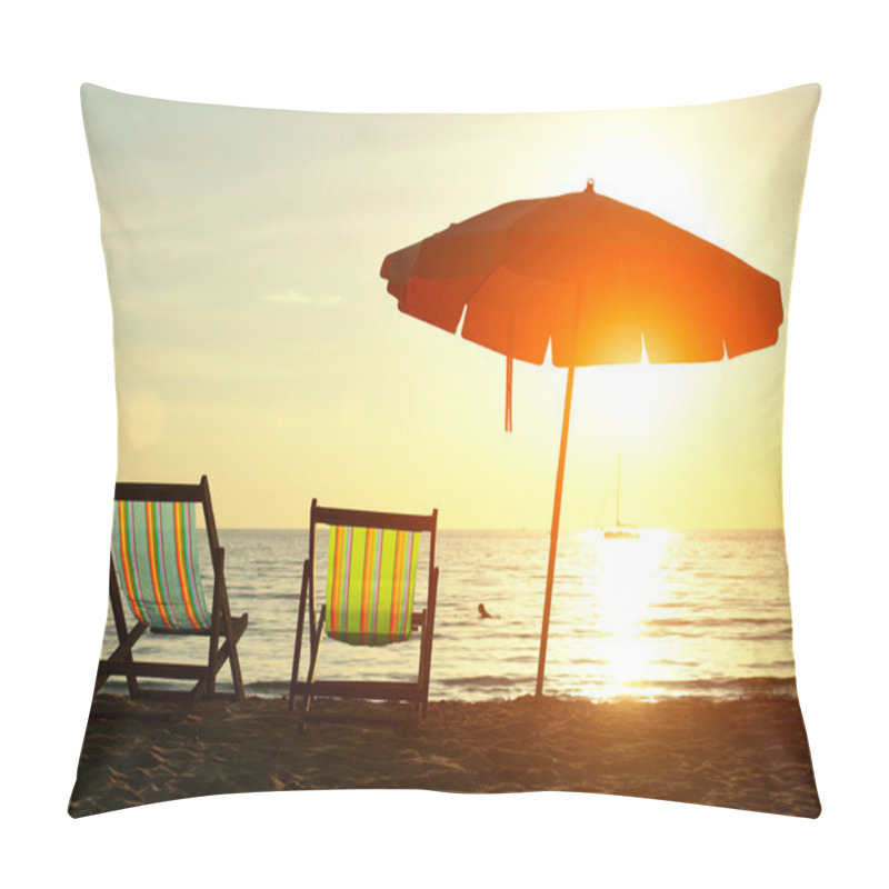 Personality  Pair Of Beach Loungers On The Deserted Coast Sea At Sunrise. Pillow Covers