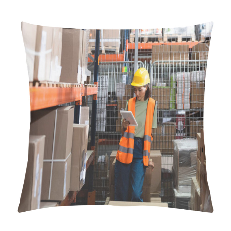 Personality  Female Warehouse Worker In Safety Vest And Hard Hat Holding Digital Tablet Near Cargo Boxes Pillow Covers