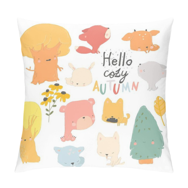 Personality  Cartoon Autumn Set With Woodland Animals And Trees. Vector Set Pillow Covers