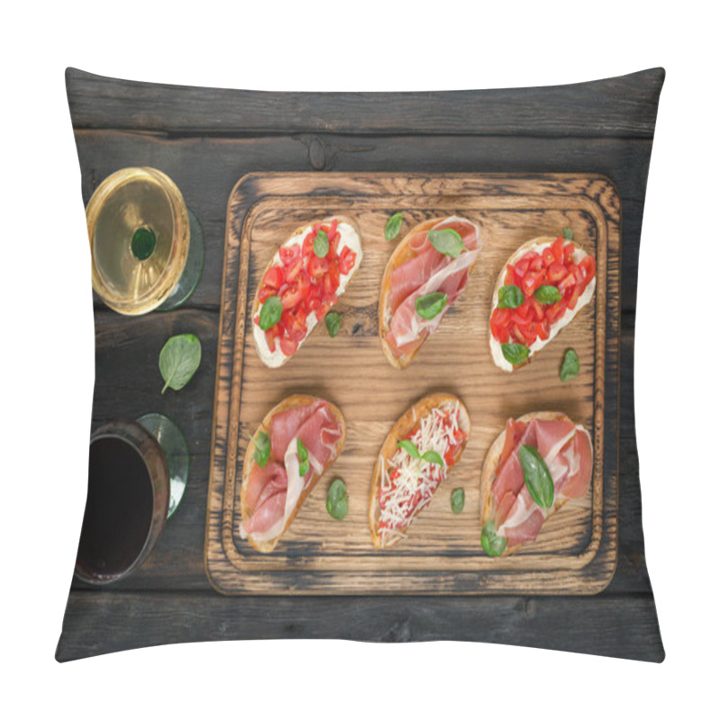 Personality  Various Italian Snacks Served On Wooden Board With Wine Pillow Covers