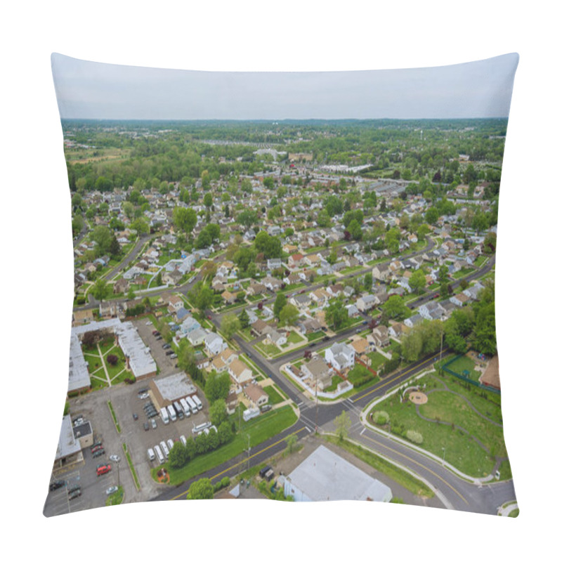 Personality  Flight With A Drone Over A With Low Houses In Small Town On A Bensalem Pennsylvania On USA Pillow Covers