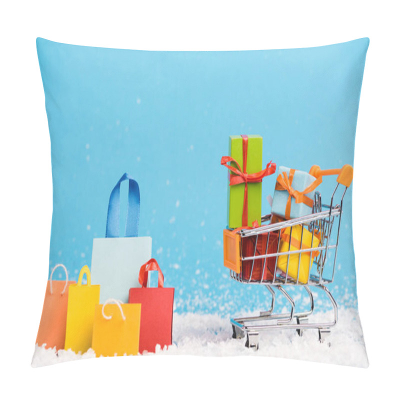 Personality  Tiny Paper Bags Near Trolley With Bunch Of Little Gifts On Blue Background, New Year Concept Pillow Covers