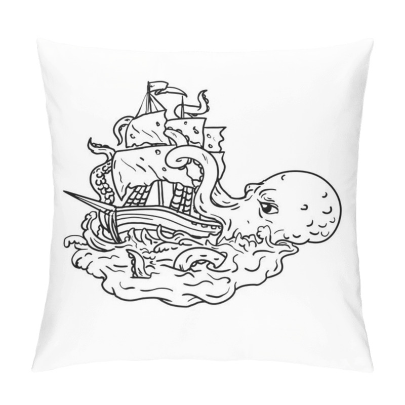 Personality  Doodle Art Illustration Of A Kraken, A Legendary Cephalopod-like Giant Sea Monster Attacking A Sailing Ship With Its Tentacles On Sea With Tumultuous Waves Done In  Black And White Drawing Style. Pillow Covers