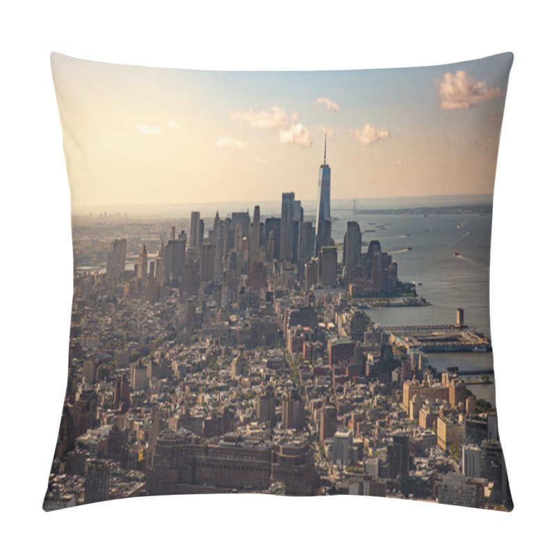 Personality  LOWER MANHATTAN, NEW YORK, USA - SEPTEMBER 16, 2023.  A Landscape View Of Lower Manhattan And The Financial District Overlooking The Ocean From The Edge Viewing Platform In New York At Sunrise Pillow Covers