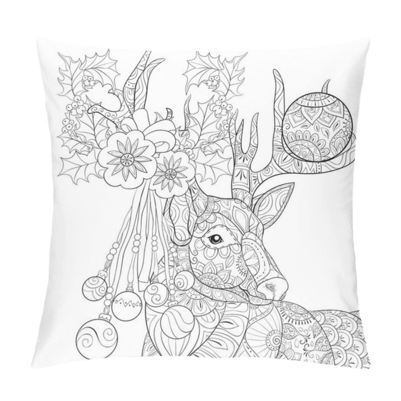 Personality  A Cute Christmas Deer With Decoration Balls,flowers,brunches With Leaves And Berries On The Big Horns Image For Adults.Zen Art Style Illustration For Relaxing.Poster Design For Print. Pillow Covers