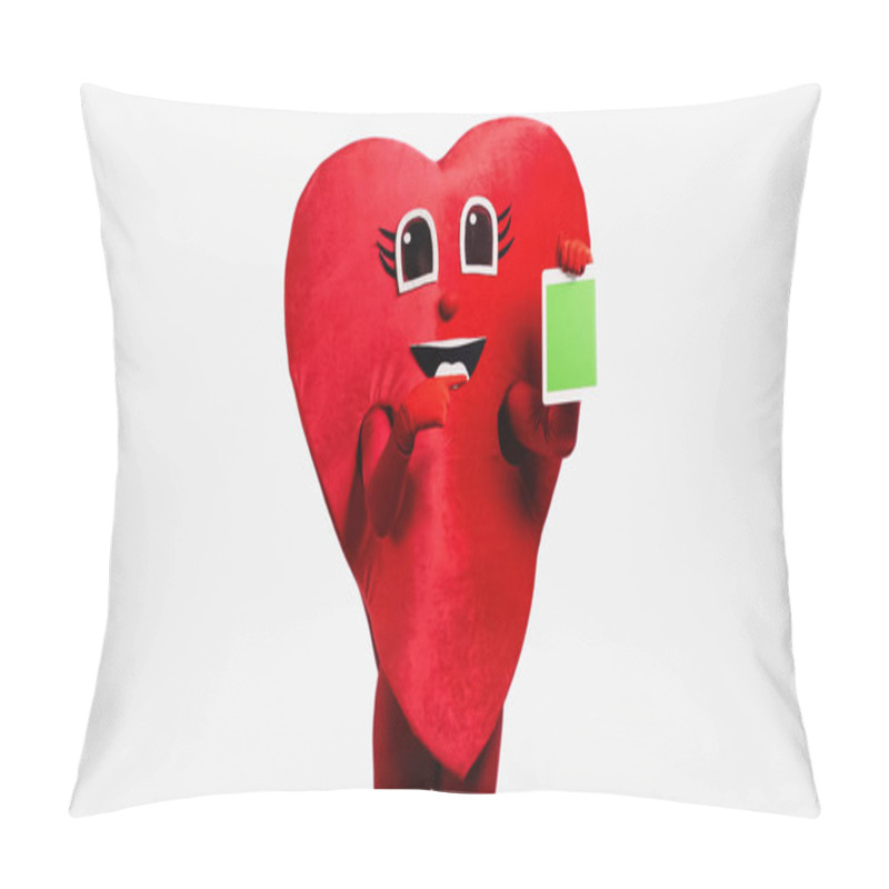 Personality  Person In Red Heart Costume Pointing At Digital Tablet With Green Screen Isolated On White Pillow Covers