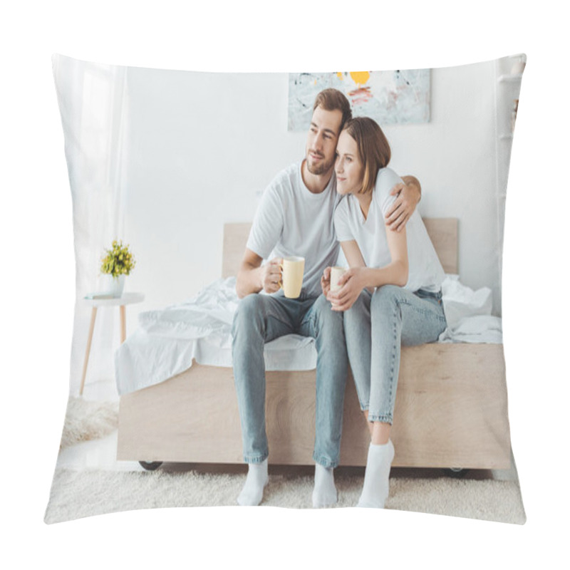 Personality  Couple With Cups Of Coffee Sitting On Bed And Looking Away Pillow Covers