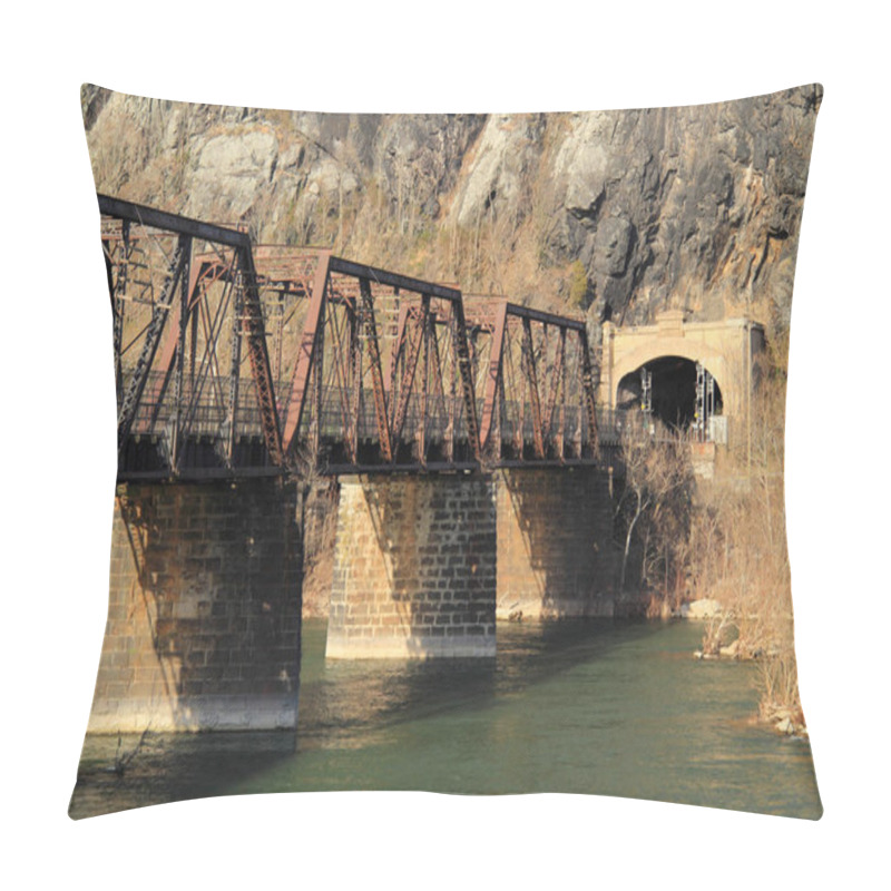 Personality  A Truss Bridge Crosses The Potomac River And Connects The Historic Town Of Harpers Ferry, West Virginia, To Maryland Heights In The State Of Maryland, Harpers Ferry National Historical Park Pillow Covers