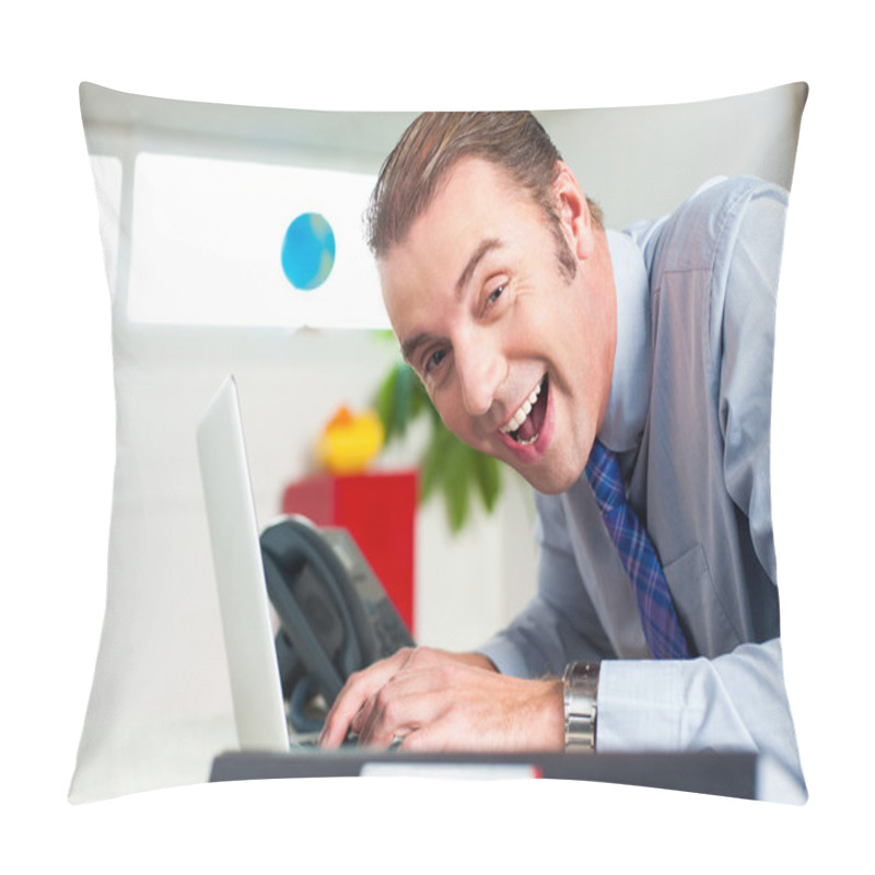 Personality  Excited Businessman Working On Laptop Pillow Covers