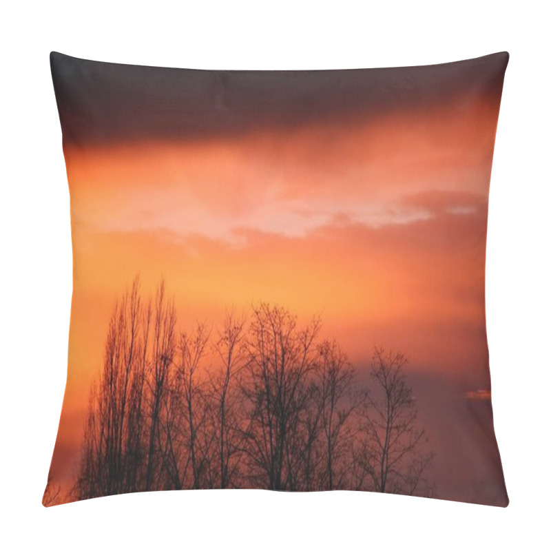 Personality  Silhouette Of Trees Against A Vibrant Orange And Black Sunset Sky. Pillow Covers