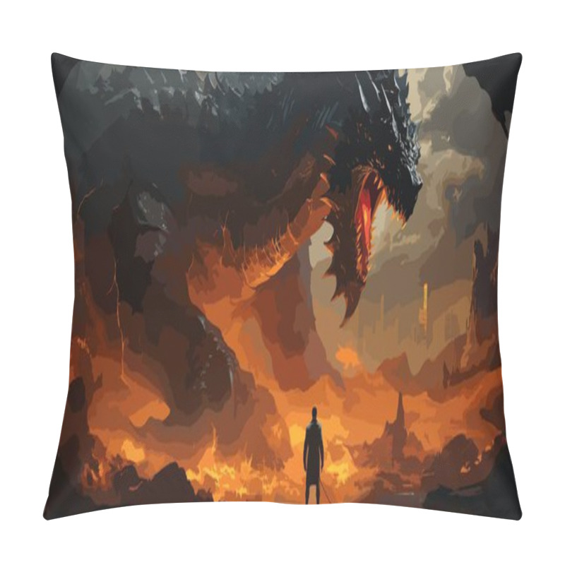 Personality  Knight With The Light Sword Standing Near The Giant Fire Dragon, Digital Art Style, Illustration Painting Pillow Covers