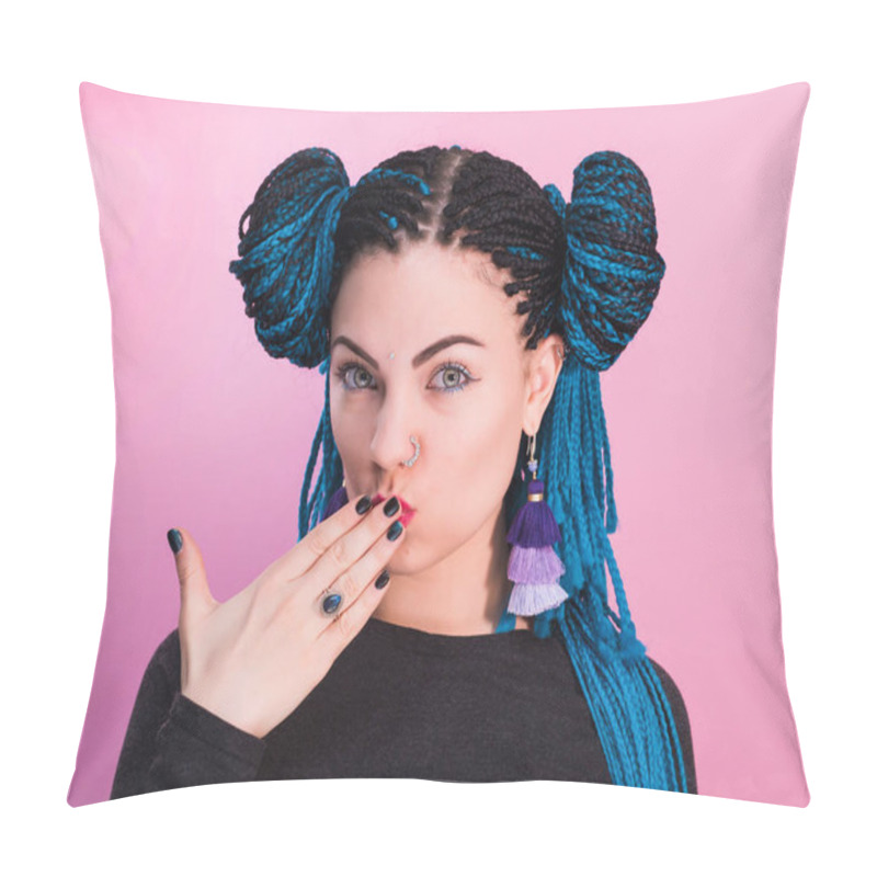 Personality  Glamour Portrait Of Sexy Woman With African Blue Braids Hairstyle, Bindi, Nose Ring And Tassel Earrings Isolated On Colorful Background. Pillow Covers