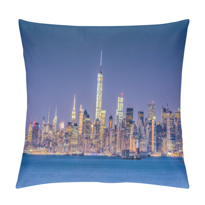 Personality  New York City Manhattan Downtown Skyline At Dusk With Skyscrapers Illuminated Over Hudson River Panorama. Horizontal Composition, Copy Space. Pillow Covers