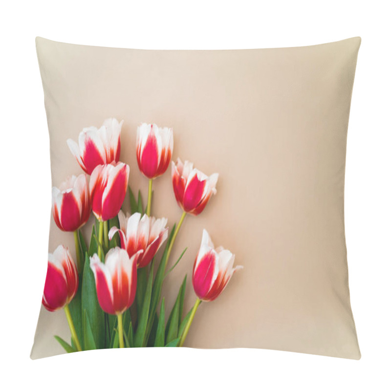 Personality  A Bouquet Of Fresh Tulips Lying On A Beige Background. Mother Day And International Women Day Pillow Covers