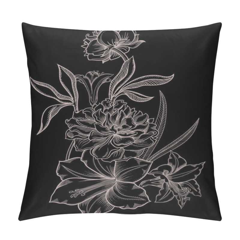 Personality  Vector Illustration Of Flowers.Detailed Flowers In Black And White Sketch Style. Elegant Floral Decoration For Design.Elements Of Composition Are Separated In Each Group. Isolated On White Background Pillow Covers