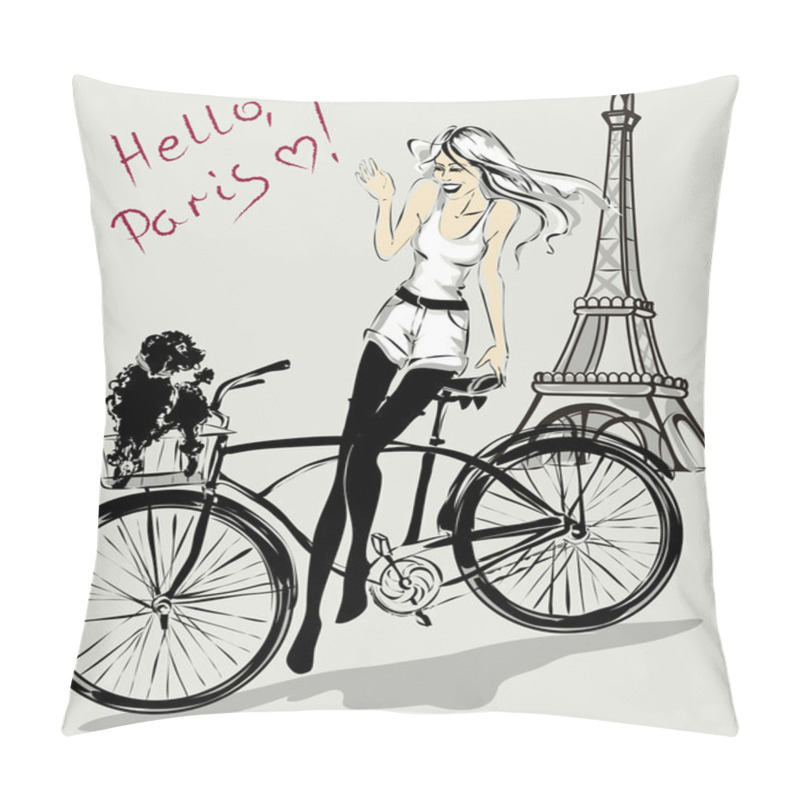 Personality  Retro Fashion Girl With Dog In A Bicycle Basket Near Eiffel Tower, Paris Pillow Covers