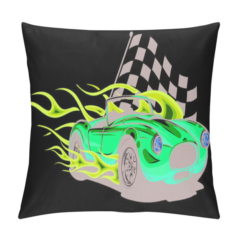 Personality  Vector Illustration Muscle Car With Flames And Race Flag Pillow Covers