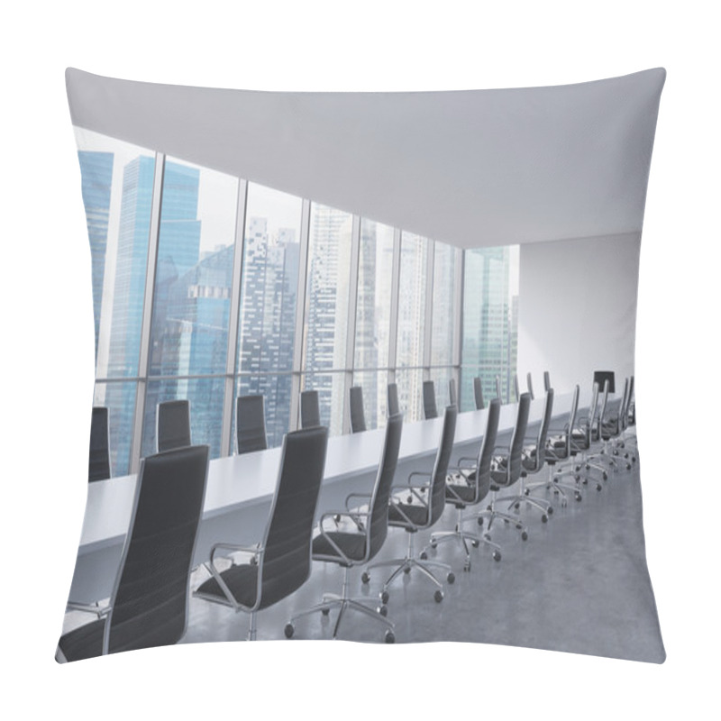 Personality  Panoramic Conference Room In Modern Office, Singapore View. Black Leather Chairs And A Long White Table. 3D Rendering. Pillow Covers