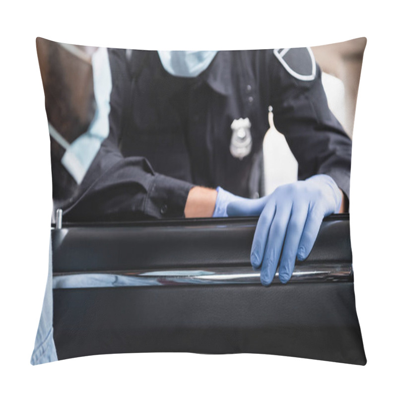 Personality  Cropped View Of Policeman In Latex Gloves Standing Near African American Driver In Medical Mask On Blurred Foreground In Car  Pillow Covers